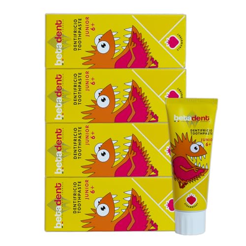 Betadent KIT 4 DENTIFRICIO JUNIOR 6+ per bambini da 6 anni in su. Formulazione naturale, antiplacca e anticarie. Equilibrato dosaggio di Sali di Fluoro alla concentrazione di 950 ppm F. 4x75ml