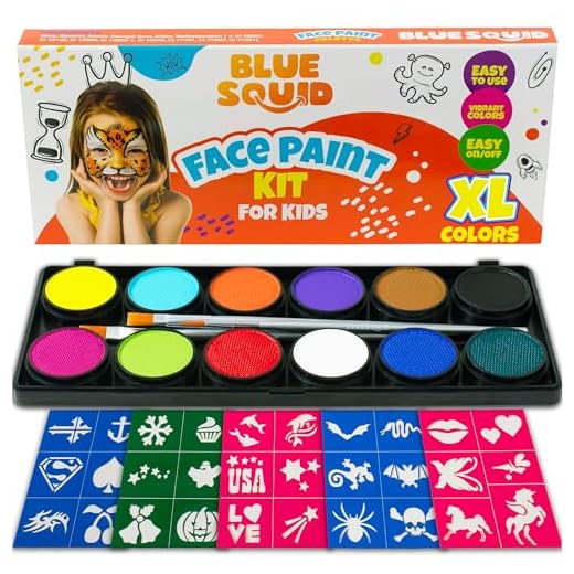 Face Paint Kit for Kids – Blue Squid 12 Color Palette, 30+3 Stencils, Washable Paints, Brushes Guide, Safe Facepainting for Sensitive Skin, Professional Quality Body & Face Facepaints Halloween Makeup