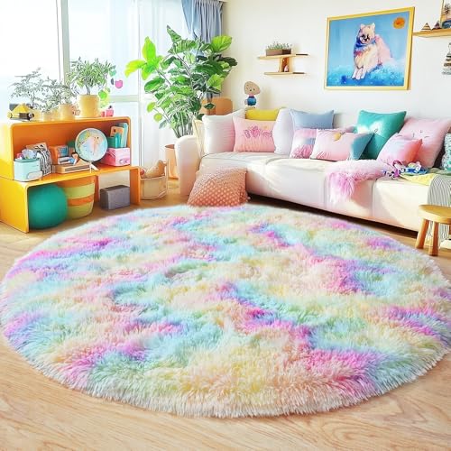 6‘x6’ Rainbow Round Rugs for Girls Bedroom, Ultra Soft Fluffy Circle Rug for Kids Room, Cute Shag Rugs for Living Room Playroom Tent Castle Home Decor Rug
