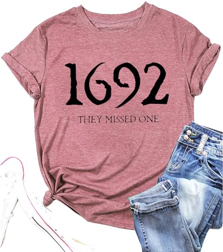 1692 They Missed One Shirt Women Halloween Salem Witch Tshirt Funny Letter Print Tees Casual Short Sleeve Tops (XXL, Pink)