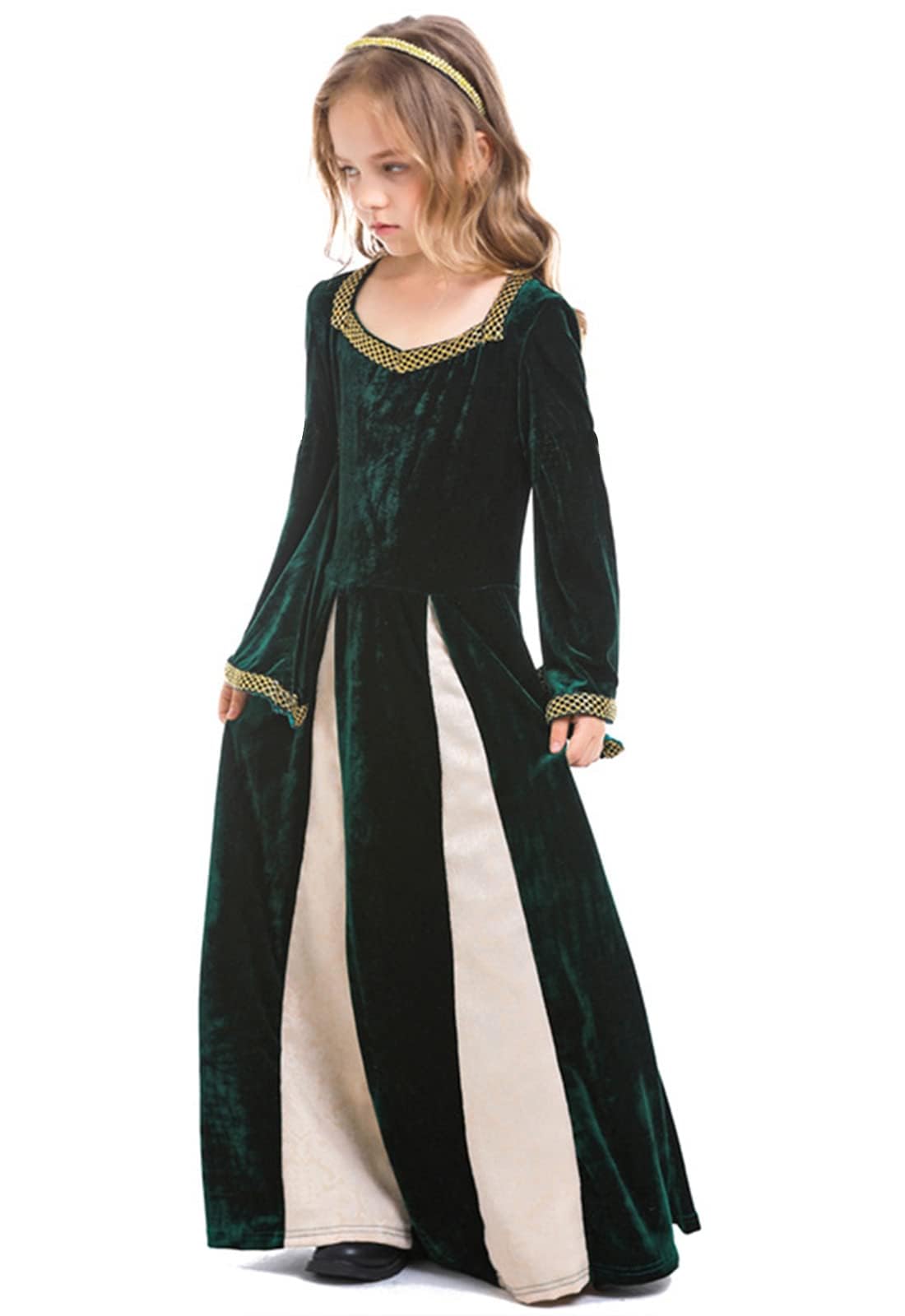 DELIVESS Girls Medieval Dress Renaissance Princess for Kids Halloween Outfit Costume 2 PCS (Dark Green, M) - Image 4