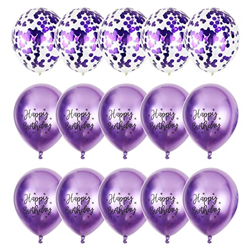 Happy Birthday Lila Metallic Luftballons, 15 Stück 12 Zoll Lila Luftballons Metallic mit Lila Konfetti Ballons, Latex Helium Luftballons für Mädchen Jungen Geburtstag Baby Shower Birthday Dekoration Cover