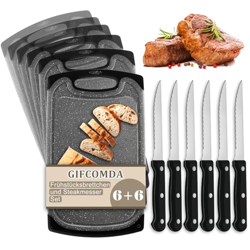Gifcomda Frühstücksbrettchen 6er Set mit 6er Steakmessern, 25x15cm Kleines Dunkelgrau Frühstücksbrettchen Kunststoff Set, BPA frei, Antibakteriell, Rutschfest mit Saftrille, Spülmaschinenfestes