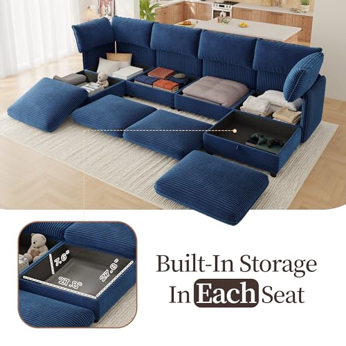 Image of Oversized Corduroy Modular Sectional Sofa Bed with Hidden Storage, Convertible L U Sleeper Couch, 6-Seat Modular Sofa Free Combination with Ottoman & Removable Covers for Living Room, Blue