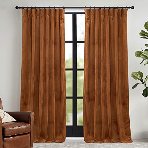 Image of RYB HOME Velvet Curtains 108 inch, Room Darkening Window Curtains for Living Room Thermal Insulated Privacy Backdrop with Back Tab Loop for Bedroom, Golden Oak, W52 x L108 inch, 2 Panels | Blackout, Thermal Insulated, With Multiple Hanging Options, Loft Apartment Living Room Window, W52 x L108, Orange, 2 Panels