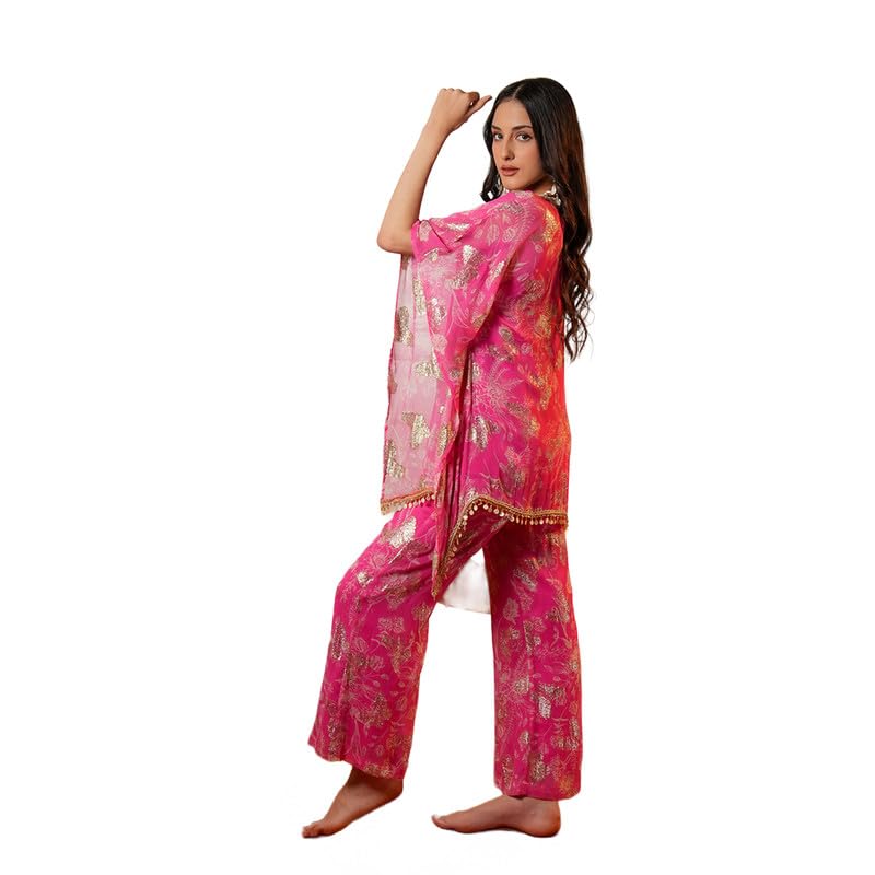 boho girl Noor Indo Western Co-ord Set for Women Pink Festive Women Suit with Kaftan Top Flared Pants Lace Detailing Viscose Ladies Suit Elegant Party We-picture-34