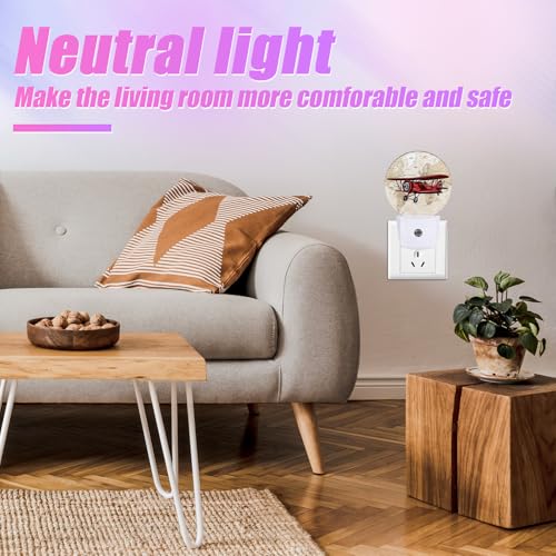 Image of Vintage Airplane Night Light World Map Night Lights LED Lamp Round Plug into Wall Nightlight with Dusk to Dawn Sensor Home Hallway Stairway Kitchen Decor