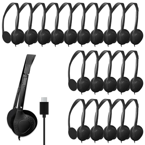 WAHUWAY USB-C Headphones Bulk, 20-Pack Suitable for Classroom, School, Children, and Teenagers, USB Type-C Headphones Compatible with Pad and Smartphones (Black)