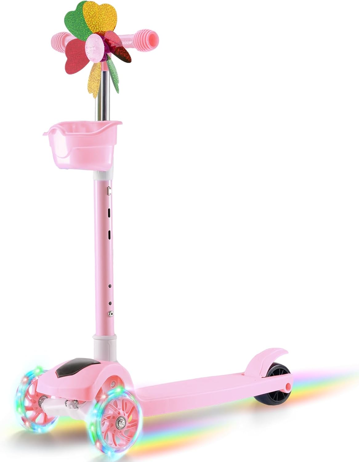 Kids Scooter, Foldable Scooter with Streamer & Windmill & Basket, 4 Levels Adjustable Height, LED Light Wheels, 3 Wheel Toddler Scooter for Boys & Girls Ages 3-10 and Up to 110 Lbs