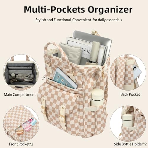 Image of Corduroy Laptop Backpack for Women 15.6 Inch Stylish College School Bookbag, Business Work & Travel Computer Backpacks (Checkered Brown)