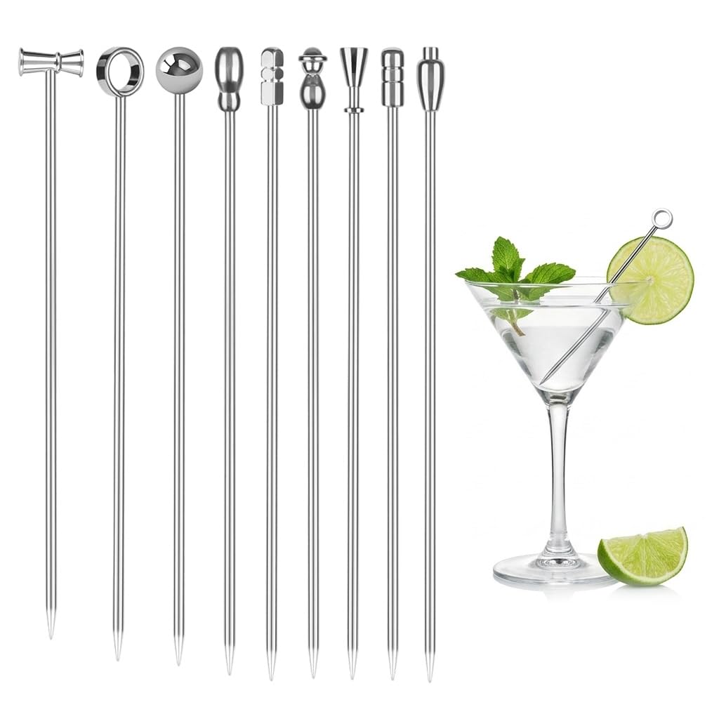 HASTHIP® 9 Pack Metal Martini Cocktail Picks Stainless Steel Reusable Olive Skewers Martini Garnish Sticks for Drinks Appetizers Parties-image-38