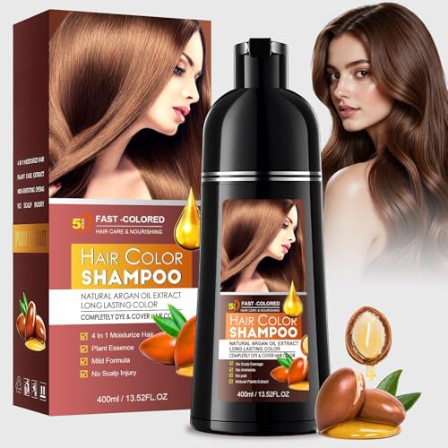 Champô Tinta castanho claro, 400 ml Hair Dye Shampoo 4 em 1, champô de cor tinta cabelo, tinta de cabelo instantânea, coloração duradoura e suave, cobertura de cabelos fácil e rápida para homens e