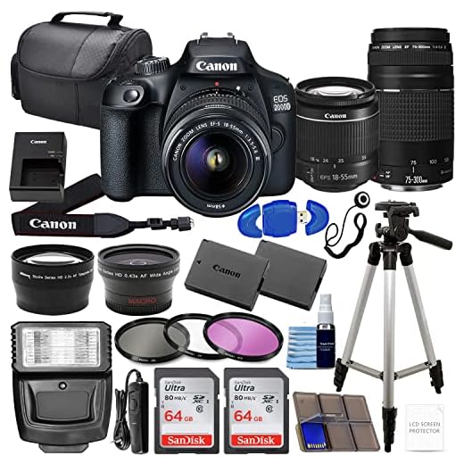 Camera EOS 2000D Rebel T7 DSLR Camera with 18-55mm DC III and 75-300mm III Lens 4 Lens Kit Bundled with + 2X 64GB Memory Cards, 3 Piece Filter Kit, Extra Battery, Case, Flash + Pro Bundle