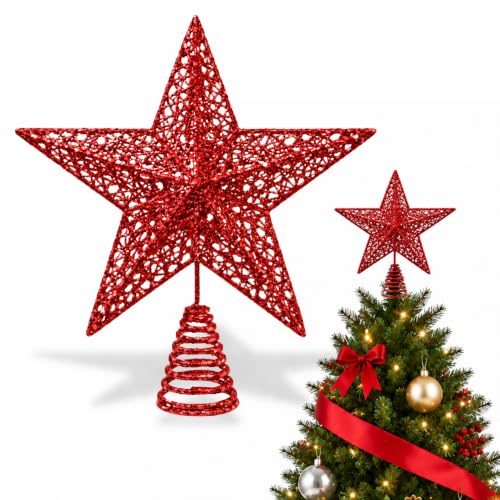 Estrella roja para la Punta del árbol de Navidad, Estrella para arbol de Navidad, Accesorios de Navidad, Longitud 20 cm, Color Rojo