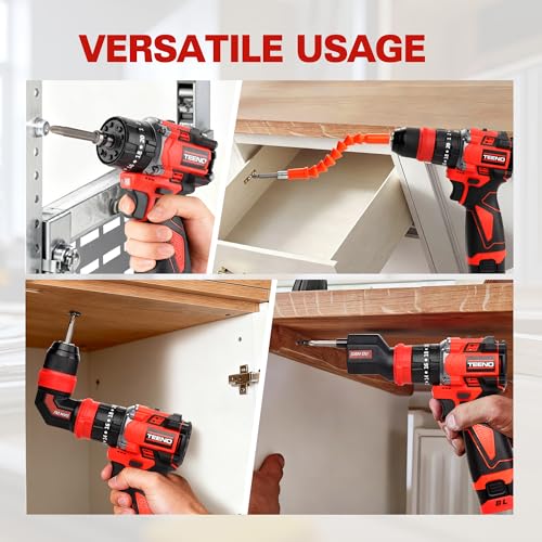 TEENO 18V Taladro Percutor a Batería Sin Escobillas, Kit de Destornillador Electrico, 20+3, Taladro Atornillador Bateria Max 45Nm, Adaptador desplazamiento, Mandril de sujeción rápida, LED - imagen 9
