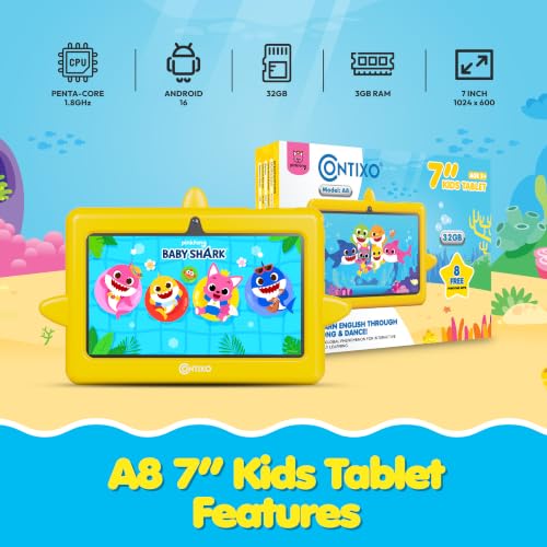Image of Contixo Baby Shark 7 Inch Kids Tablet, 32GB, Android 16, Yellow, Ages 3-12