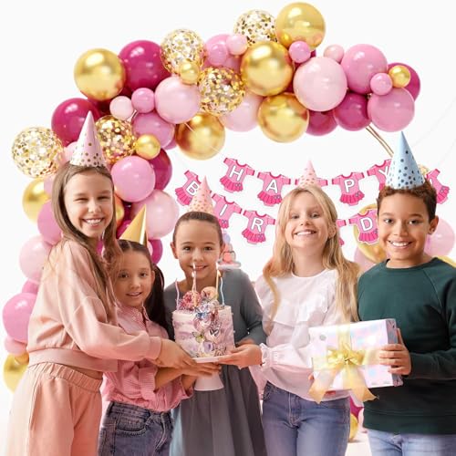 Image of Pink Birthday Decoration Kit with Dress Theme Happy Birthday Banner, Pink & Gold, Confetti Balloons and Arch Strip - Birthday Party Decoration for Girls Kids Celebration - Pack of 52