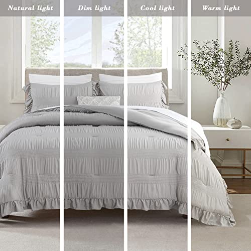 Aleissel Grey Comforter King Size Seersucker Design With Ruffled Edges, Ultra-Soft Grey Bedding Set King Size 3 Piece Set, Down Alternative Light-Weight Comforter Set(Grey,104"X90") #TOP5