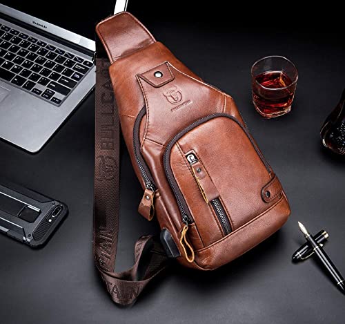BULLCAPTAIN Leather Men Sling Bags Travel Crossbody Chest Bag Hiking Daypack with USB Charging Port Multi-Pocket by BULLCAPTAIN - Image 5