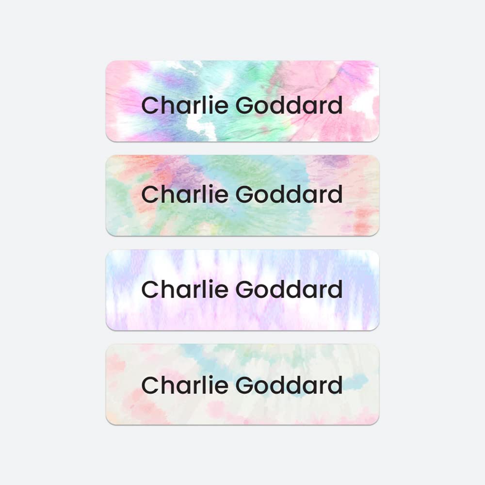 64 x No Iron Personalised Stick On Waterproof Washable Name Labels Great for Clothes, School Uniform, Equipment, Shoes. School, Nursery, Day Care, Hospital - Tie Dye — image 1