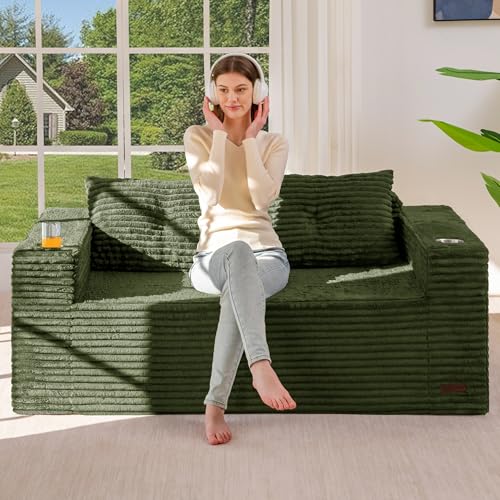 Image of MAXYOYO 63 inch Boneless Loveseat Sofa Couch for Small Spaces, Mini Love Seat Floor Couch with Cup Holders and Pillows, 2-Seater Upholstered Cloud Couch for Bedroom Apartment, No Assembly Required