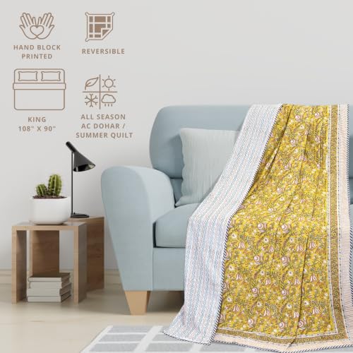 Image of TOAIArt Premium Jaipuri Dohar | AC Blanket Summer Quilt | Hand Block Printed | 3 Layers | Reversible | 150GSM 100% Mulmul Cotton | 100% Cotton Flannel Filling | King 108 inch X 90 inch|Mohan Van
