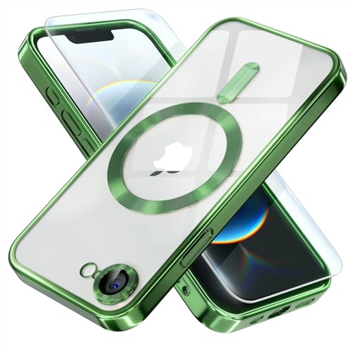 Image of Misea Magnetic for iPhone 17e / 16e Case Compatible with MagSafe Green | [Never Yellowing] [Military Drop Protection] Full Camera Lens Protector Plating Soft Clear Phone Case for Women, Green