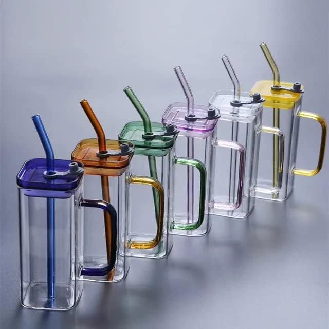 Image of ANKUL Random Clour Squre Glass Sipper Tumbler Tea Coffee Can with Acrylic Lid and Straw - 400ml - Pack of 1 - Fruit Milk Juice Cup Glass Straw (Square Mug, 1)