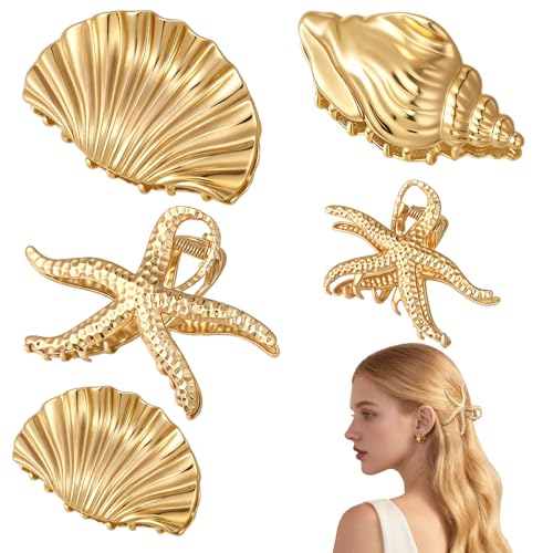 HairChrysm 5 Pack Gold Seashell Hair Clip Set, Metal Conch Starfish Shell Claw Clips Summer Beach Hair Clips Accessories for Women Girls Thick/Thin Hair, 2 Sizes