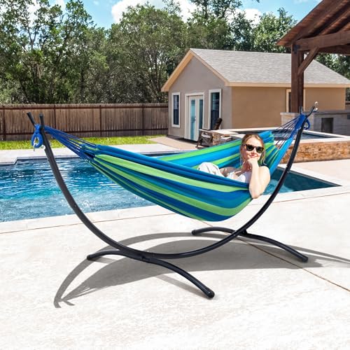 SUNCREAT Portable Outdoor Hammock with Stand Included, Double Hammock with Stand for Outside, Blue & Green Stripes by SUNCREAT - Used condition - Image 8