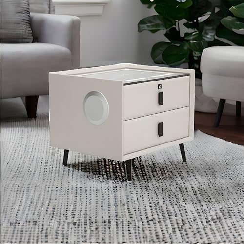 Modern Smart Table | 3 Color LED Light, Wireless + USB Charging Station, Bluetooth Speakers & Fingerprint Lock Storage (2 Drawers, White) Modern Smart Table | 3 Color LED Light, Wireless + USB Charging Station, Bluetooth Speakers & Fingerprint Lock Storage (2 Drawers, White)