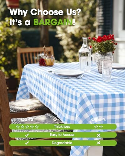 Image of Pureegg Plastic Table Cloth Disposable 8 Pack, 54 x 108 Inch Table Cloths, Party, Picnic, Decorative Gingham Tablecloths, Rectangle, Blue and White Checkered Cover, Leakproof & Sturdy, Blue Plaid