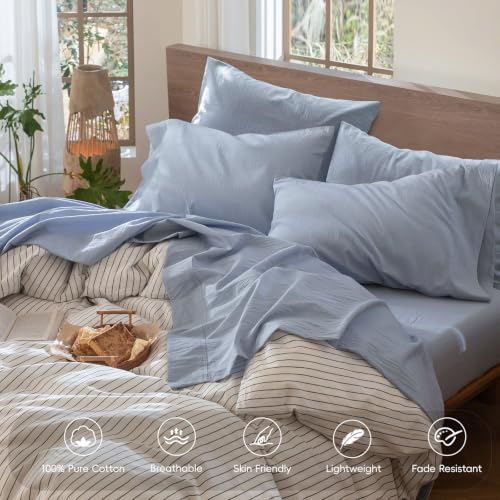 Image of MooMee Sheet Set 100% Washed Cotton Linen-Like Extra Deep Pocket Queen | Relaxed Linen-like Texture. Soft, Breathable & Lightweight Comfort. 15-19 inch Extra Deep Pocket with All-around Elastic