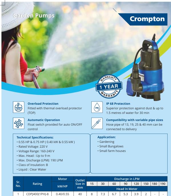 Image of Crompton CDPJ400 Submersible Water Pump (0.55 hp) | Overload Protection| IP 68 Protection | Automatic Operation, Float switch provided for auto ON /OFF control| Copper Motor.