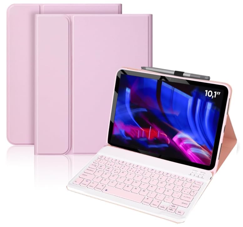 KTOITION Funda Teclado para Tablet Lenovo Tab 10.1'' TB311FU/TB311XU, Soporte para Lápiz y Teclado Recargable, [Español] Magnético Desmontable Bluetooth Teclado for Tablet 10.1 Pulgadas (Rosa)
