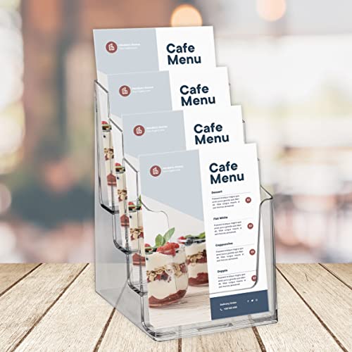 EUROPEL Etagen Prospekthalter Aufsteller - Injektion Mehrfach-Prospektständer - 4x DIN A5 - Transparent - Broschürenständer für Büros - Broschürenhalter Hochformat für Menü, Faltblatt, Flyer