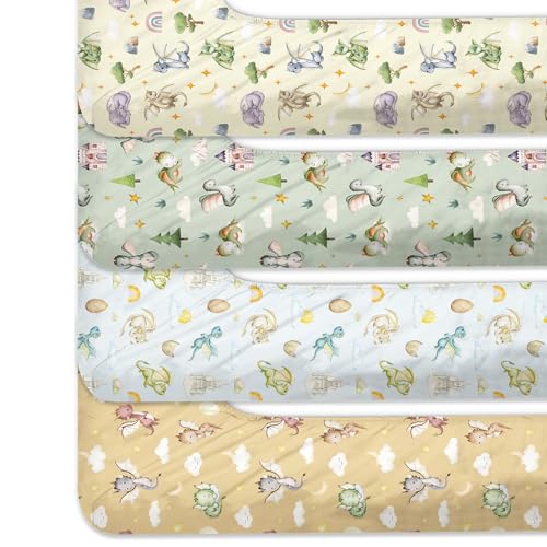 Image of VitalCozy 4 Pcs Watercolor Dragon Crib Sheet Set Newborn Bedding Nursery Baby Sheets for Girl Boys Baby Gifts for Standard Crib and Toddler Mattresses, 52 x 28 x 8 Inches