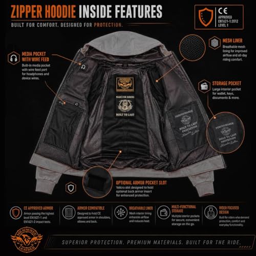 Image of Milwaukee Leather MPM1788 Men's Black CE Approved Armored Hoodie (4X-Large)