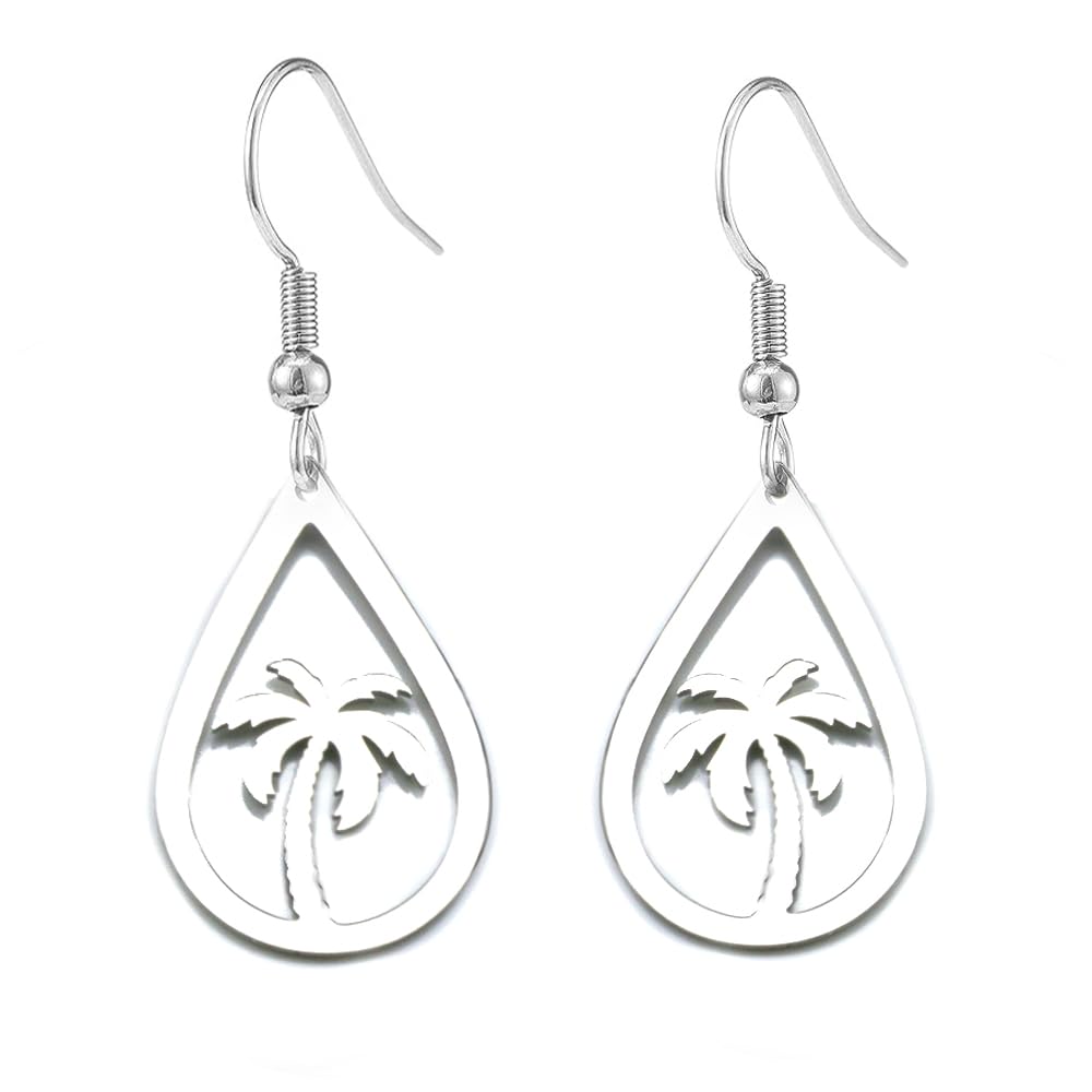 GAUDIEFashion Silver Stainless Steel Coconut Palm Tree Dangle Earrings, Tropical Coconut Palm Tree Cut Out Earring Summer Beach Theme Jewelry Holiday Gift Vacation Jewelry for Her Bridal Beach