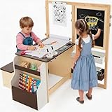 Costzon Easel for Kids, Toddler Activity Table with Double-Sided Blackboard & Whiteboard, Paper Roll for Drawing, Crafts, Writing, Kids Table and Chair Set with Storage (Brown)