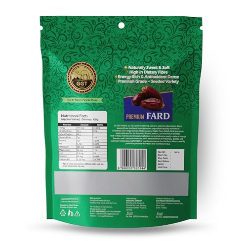 Image of GGT Foods Premium Fard Dates 500g | Royal Black Arabian Khajoor | Soft, Naturally Sweet & High Fibre Dry Fruits | 100% Natural, Vegan & Gluten Free Khajur for Healthy Snacking
