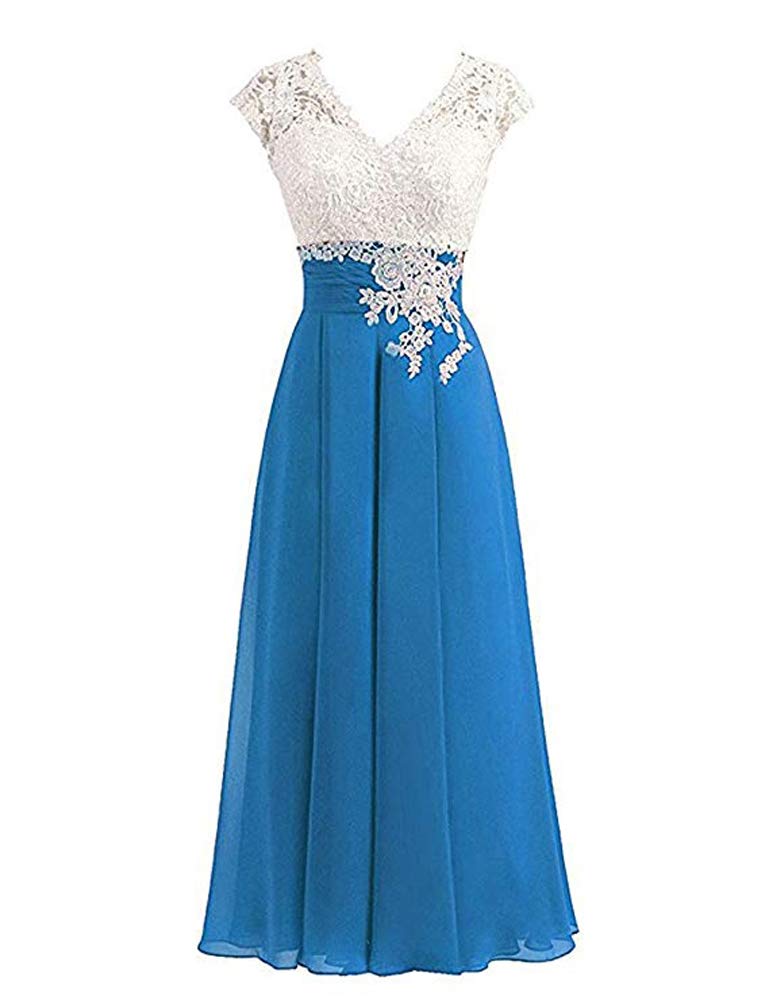 Leader of the Beauty Women's Chiffon V-Neck Prom Bridesmaid Dresses Tea Length Cap Sleeves Mother of The Bride Dresses 16 Blue