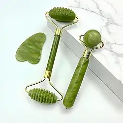 Rolo de jade e Gua Sha para rosto - kit 3 em 1 com ferramenta massageadora facial, rolo de cuidados com a pele para rugas e levantamento, melhora o inchaço