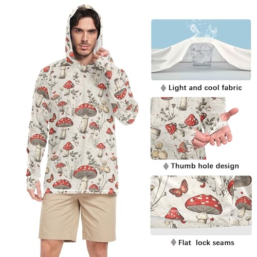 Red Mushrooms Flowers Retro Beige Sun Shirts Hoodies for Men Long Sleeve Swim Shirts UPF 50+ Farmer Shirt S4