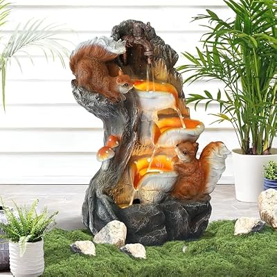 Grepatio Garden Water Fountain, 4 Tier Outdoor Cascading Waterfalls Fountains with LED Lights and Pump Indoor Floor Standing Water Fountain with Natural Squirrel Look for Garden, Patio, House Decor