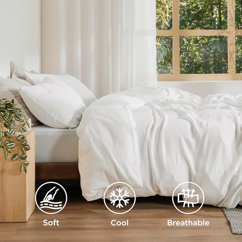 Image of Bedsure Muslin Duvet Cover King Size - Cotton Blend Viscose Derived from Bamboo, Cooling Duvet Cover for Hot Sleepers, PureWoven Ultra-Soft & Breathable Bedding Set for All Seasons (White, 104 inchx90 inch)
