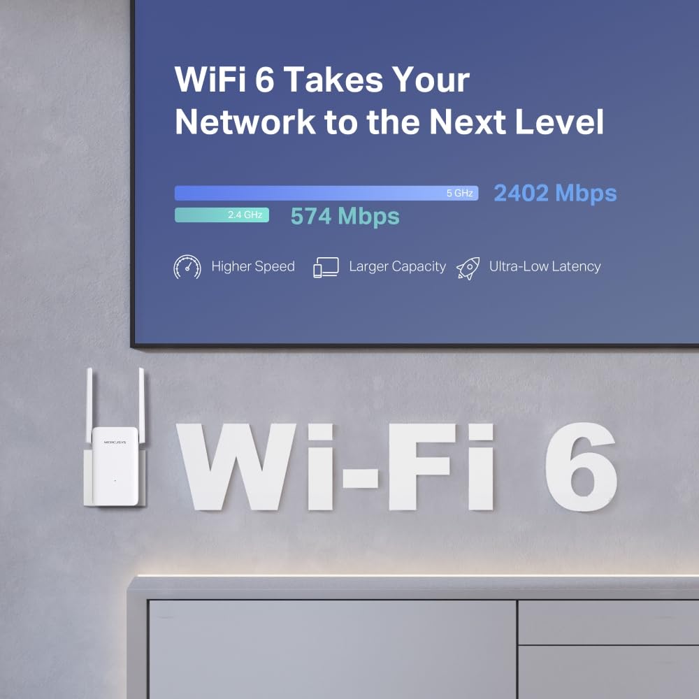 Mercusys ME80X AX3000 WiFi 6 Internet Booster con 2 antenne regolabili ad alto guadagno, WiFi Exender Booster, TP link Wifi Extender, connessione Gigabit cablata, EasyMesh, controllo app, funziona con