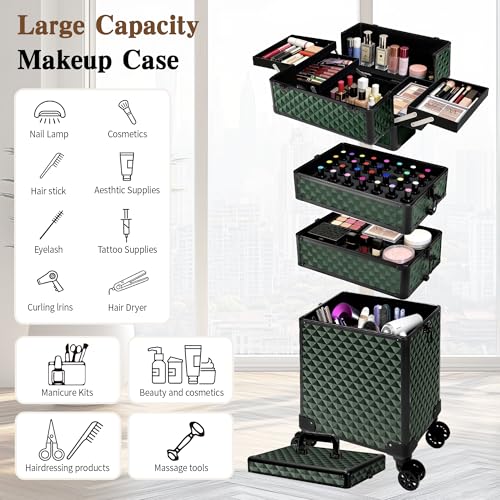 Image of 5 in 1 Rolling Makeup Train Case on Wheels Large Cosmetic Organizer Travel Cart for Women Beauty Salon Barber Hairstylist Green
