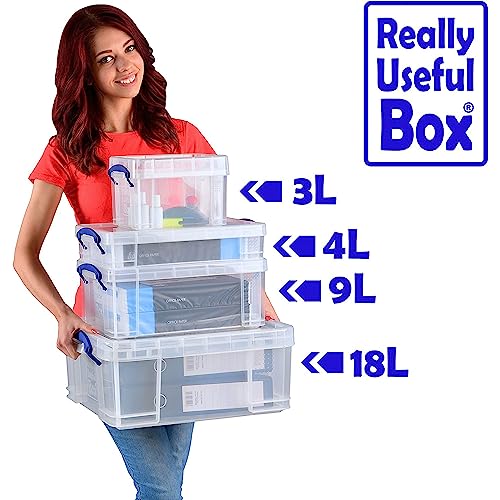 Image of Really Useful Box 4 Liter Plastic Stackable Storage Container w /Snap Lid & Built-In Clip Lock Handles for Home & Office Organization, Clear (2 Pack)