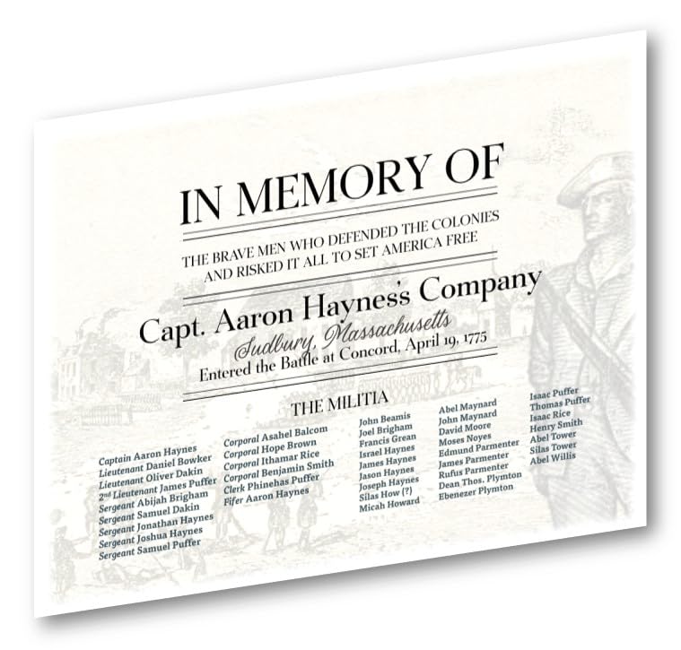 GenericIn Memory of Capt. Aaron Haynes's Company of Sudbury, Massachusetts Militia/Minuteman Responding to the Patriots Day Alarm April 19, 1775 Muster Roll Certificate 8.5" x 11"